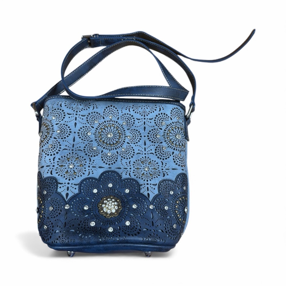 Montana West Blue Laser Cut Crossbody Bag Rhinestone Floral